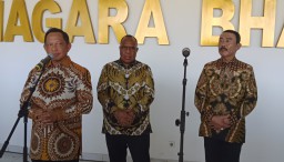 Mendagri Tito Karnavian saat konferensi pers di gedung Balairung Rudini IPDN Jatinangor Sumedang (jabar memanggil) 
