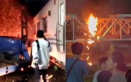 Kolase video tabrakan KA Brantas tujuan Jakarta-Blitar dengan truk trailer di Semarang Barat. (Memanggil.co/Ist)