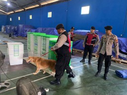Polres Jepara menerjunkan anjing pelacak untuk melakukan sterilisasi dan pengamanan objek vital Pemilu 2024.  