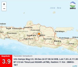Gempa bumi tektonik dengan magnitudo M3,9 guncang Ngawi, Senin, (9/12/2024) sekitar pukul 07.06 WIB (Memanggil.co/BMKG)