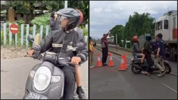 Pemotor yang nekat menerobos perlintasan kereta api (Memanggil.co/Instagram edansepur.id)