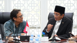 Menag Nasaruddin Umar dan Menteri Kesehatan Budi Gunadi Sadikin di Kantor Kementerian Agama (Foto: Kemenag)
