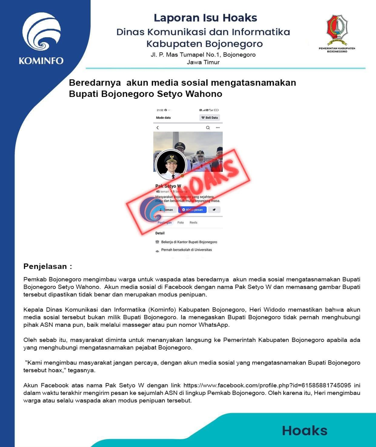 CEK FAKTA: Benarkah Akun Facebook “Pak Setyo W” Adalah Akun Resmi Bupati Bojonegoro?